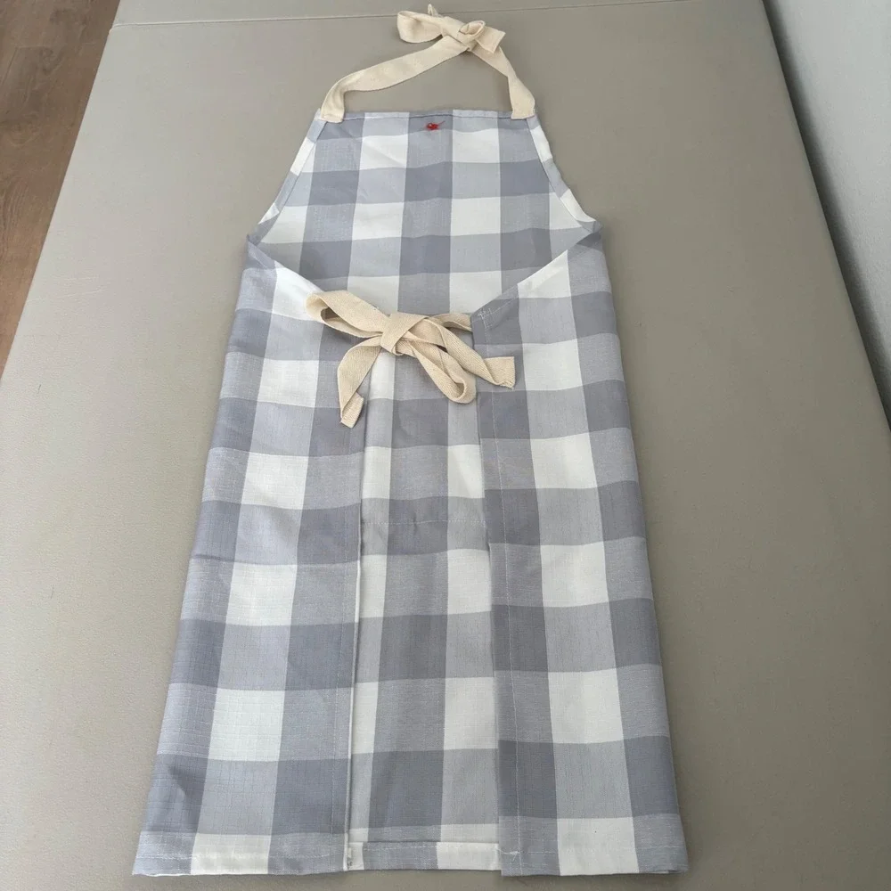 Handmade Grey Buffalo Check Kitchen Apron w Heritage Vegetable Print Pocket Trim